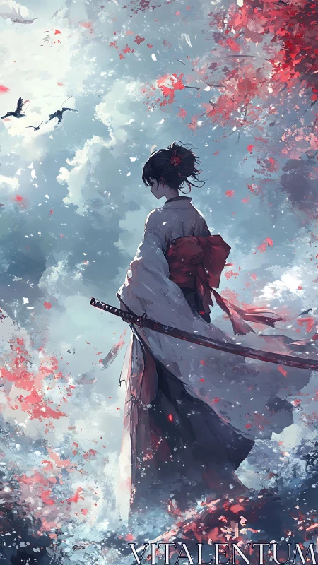 Samurai woman in kimono stands under drifting crimson blossoms