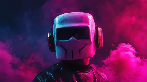 Futuristic helmeted figure in neon pink and blue smoke scene.