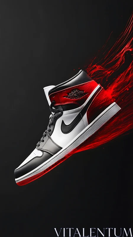 Bold red and white sneaker in motion with fiery energy.