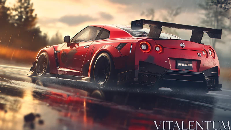 Rain-slicked red racer prowls a neon-tinted twilight track.