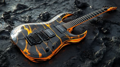 Molten-lava electric guitar blazing across charred terrain.