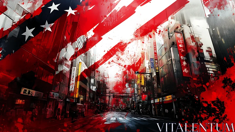 Dynamic flag overlay fragments dense neon-lit Asian city street