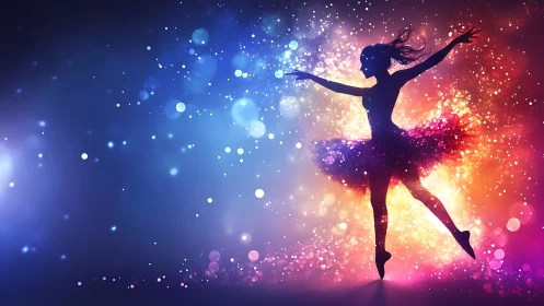 Silhouetted ballerina pivots through luminous bokeh particle field