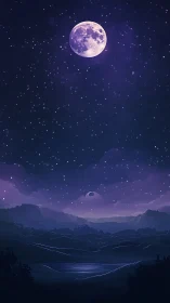Moonlit valley under star-drenched violet night sky.