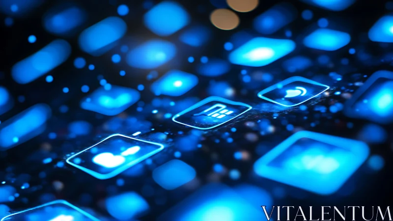 Glowing blue app icons rendered as depth-of-field digital HUD interface