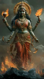 Fiery goddess strides through stormlit sacred ruins.