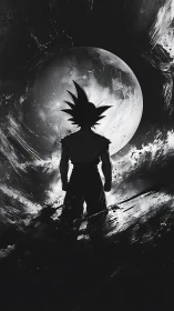 Silhouetted warrior in monochrome lunar backlight composition.