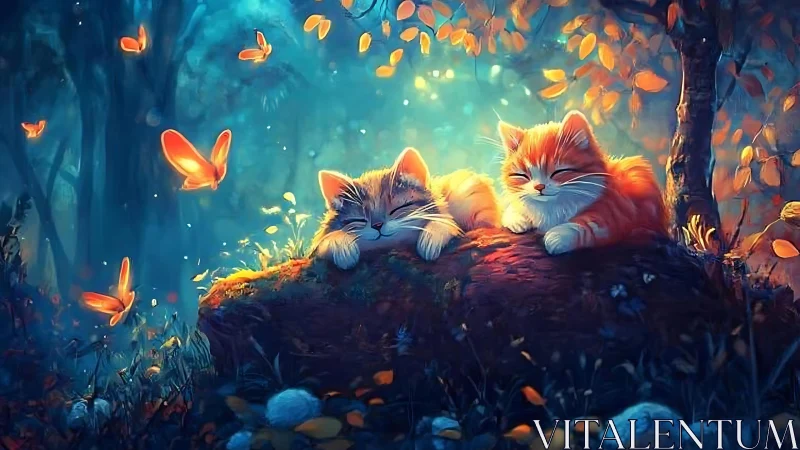 Two Kittens Resting Among Glowing Butterflies in Magical Forest