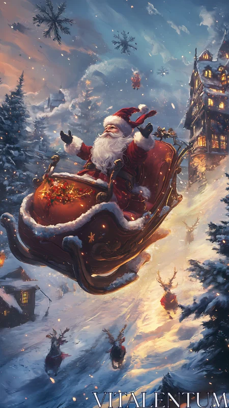 Santa soars above a glowing winter village on Christmas Eve