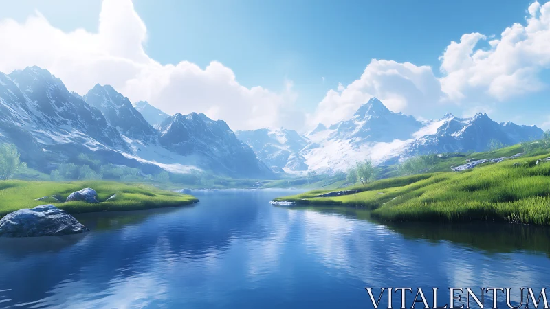Digital painting of alpine river valley with snowcapped peaks.