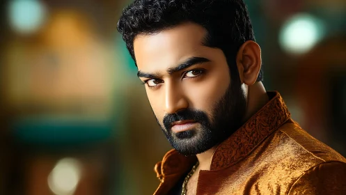 Intense bearded portrait in lustrous golden attire.