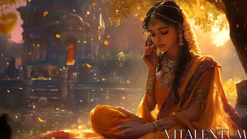 Seated woman in traditional dress sits beneath a tree