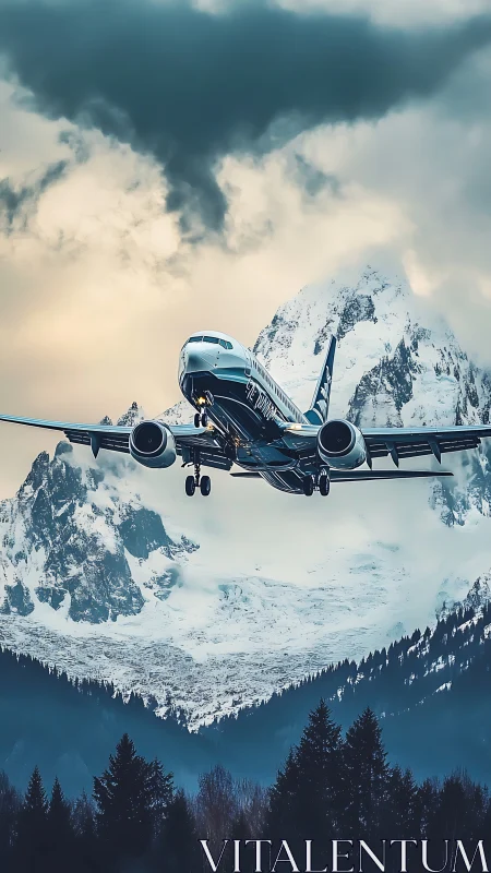 Jet crossing winter peaks in dramatic mountain light.