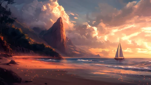 Sunset sailboat near dramatic coastal cliffs and beach.