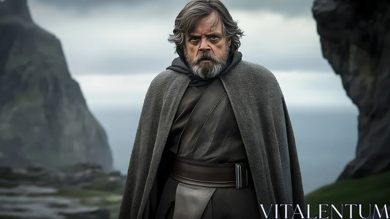 Stoic robed warrior stands on windswept ocean cliffs