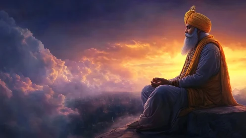 Meditative Sikh elder on cliff ledge against radiant sunset sky