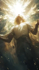 Radiant celestial figure engulfed in explosive golden light.