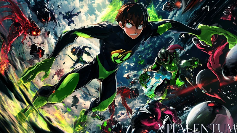 Neon-charged young hero storms a cosmic battlefield of foes.