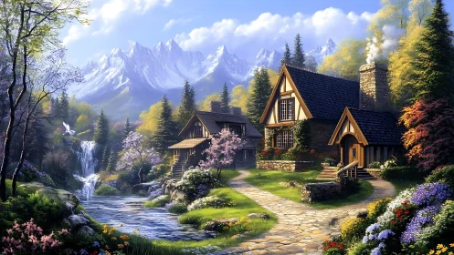 Idyllic alpine cottage landscape renders luminous spring light