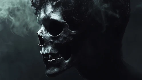 Skull-faced silhouette in drifting smoke, moody side profile.