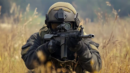 Heavily armed soldier aiming rifle in tall dry grass field.