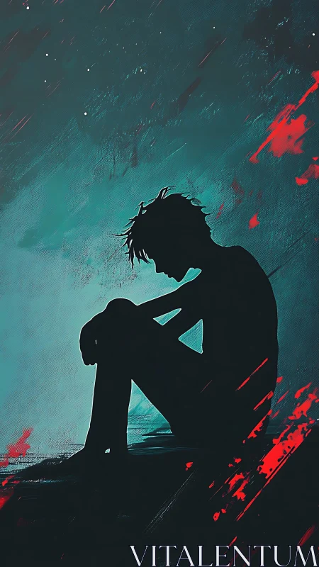 Solitary youth silhouette in teal and crimson abstraction.