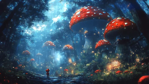 Enchanted forest path under towering glowing red mushrooms.