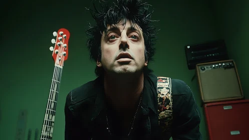 Rock guitarist in green studio with amp and guitar.