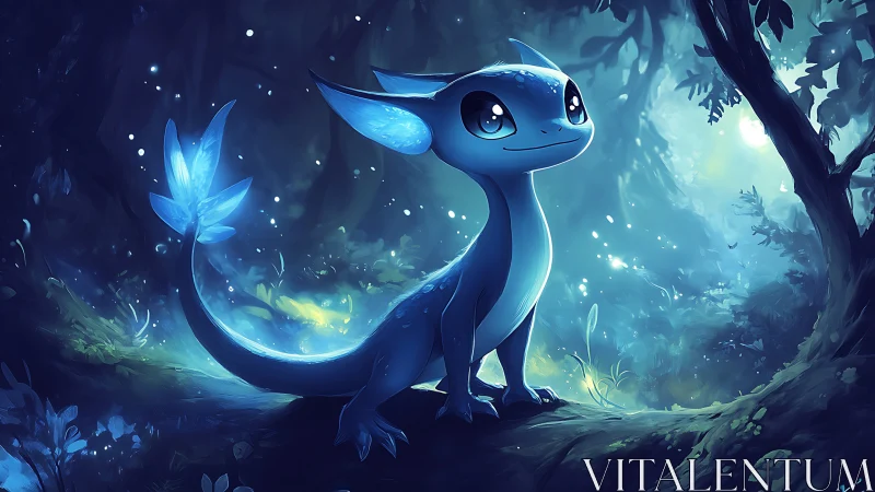 Bioluminescent blue creature rendered in a nocturnal forest
