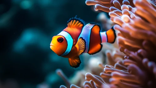 Vivid clownfish gliding beside glowing coral anemone reef.