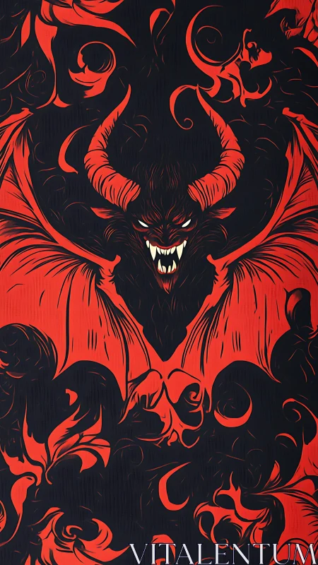 Infernal winged demon rising from swirling scarlet shadows.