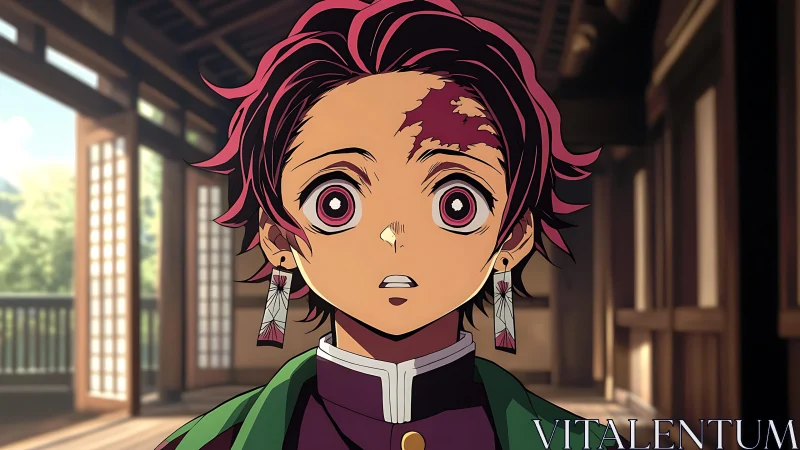 Anime boy with scar and earrings in wooden hallway scene.