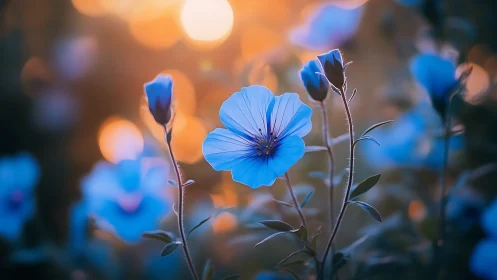 Blue Flax Flowers Bloom Against Golden Bokeh Backdrop.