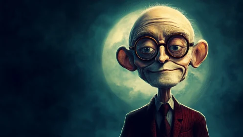 Digital painting portrait of elderly man with lunar backlight.