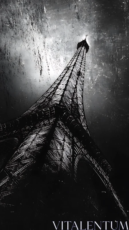 Monochrome Eiffel Tower study in dramatic upward view.