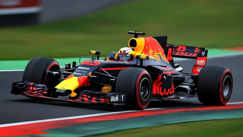 Formula 1 car cornering on a racetrack during high speed run