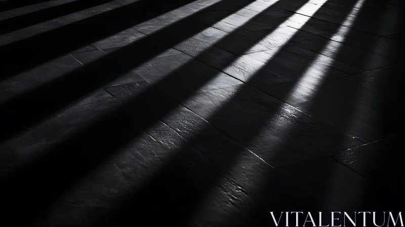 Oblique light bands cast high-contrast stripes across tiles