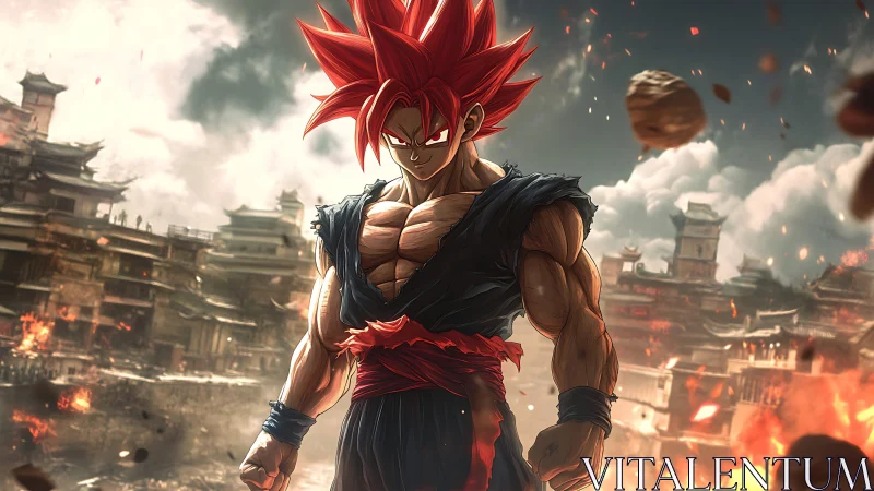 Red haired muscular fighter in ruined urban landscape.