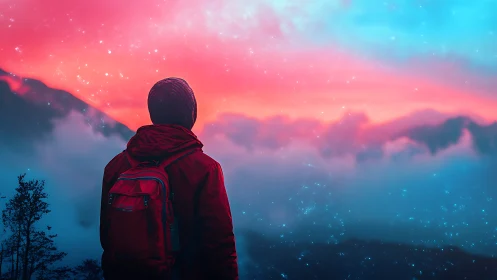 Backlit hiker studies neon gradient sky over fog-draped ridgeline