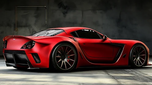 Red mid‑engine sports car rendered in a dim industrial garage