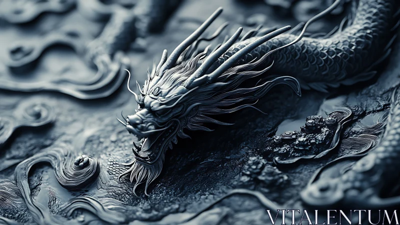 Cinematic monochrome 3D dragon relief renders turbulent waters