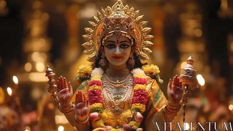 Hindu goddess statue richly adorned with garlands and gold.
