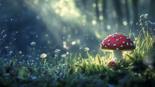 Enchanted red toadstool glows in a sparkling forest meadow.