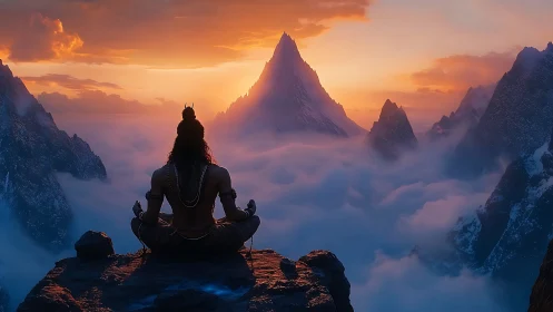 Figure sits meditating on cliff above clouds at sunrise