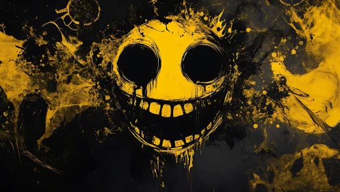 Grinning void-face erupts from splattered yellow nightmare ink.