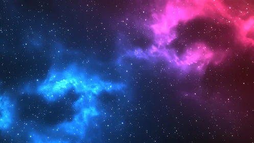 Blue and pink nebula clouds across star filled deep space.