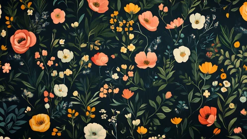 Botanical Floral Pattern on Deep Navy Background.