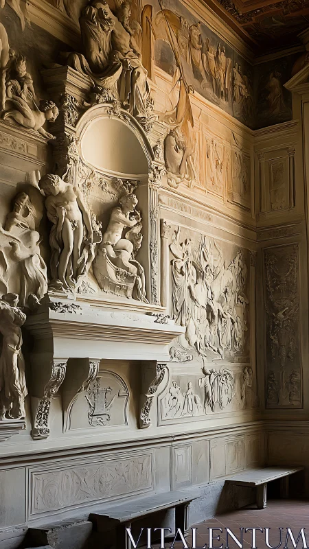 Golden light brushes ornate sculpted walls in a quiet hall