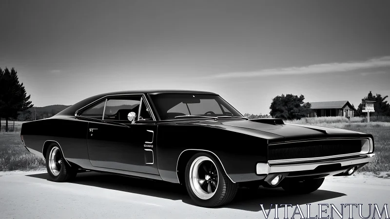Classic black muscle car in high-contrast roadside portrait.
