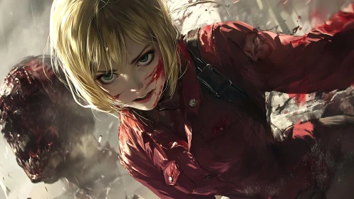 Bloodstained blonde combatant in damaged red uniform portrait.